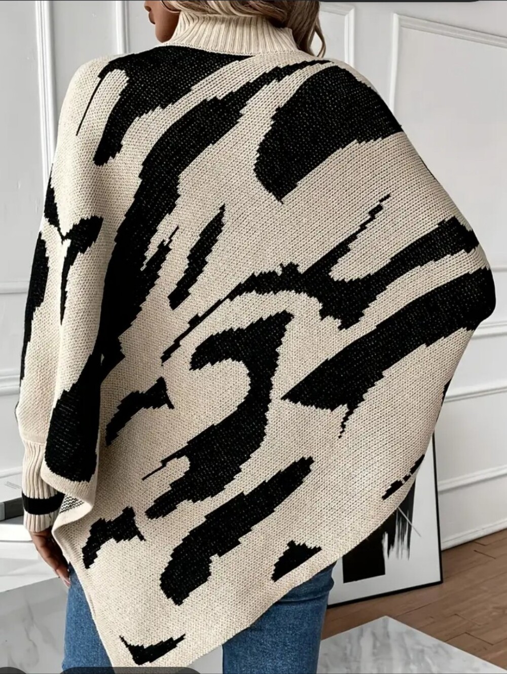 Cream & Black Animal-Print Poncho Sweater with Mock Neck - Picture 2 of 8
